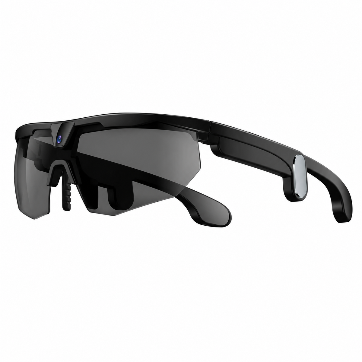 Black wrap-around sport sunglasses with a dark gray tinted lens and a small blue accent on the temple, shown from a side profile on a white background.