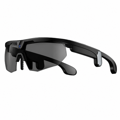Black wrap-around sport sunglasses with a dark gray tinted lens and a small blue accent on the temple, shown from a side profile on a white background.