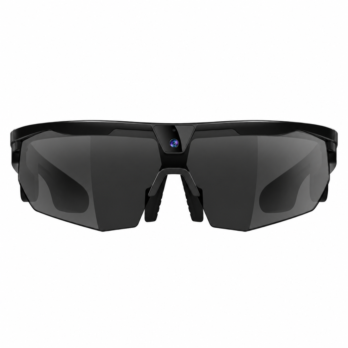 Black wraparound sports sunglasses with dark tinted lenses and a small blue camera lens visible at the top center, shown against a plain white background.