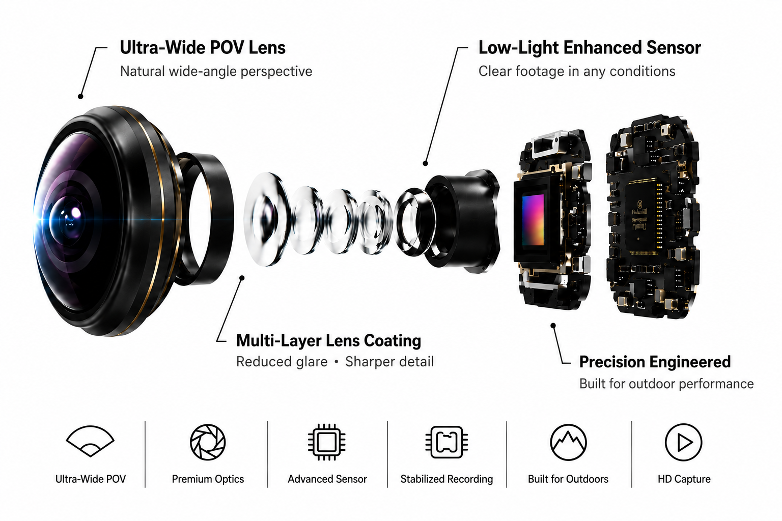 Fishing camera glasses specifications including 1080P HD video, 120° wide-angle lens and image stabilization