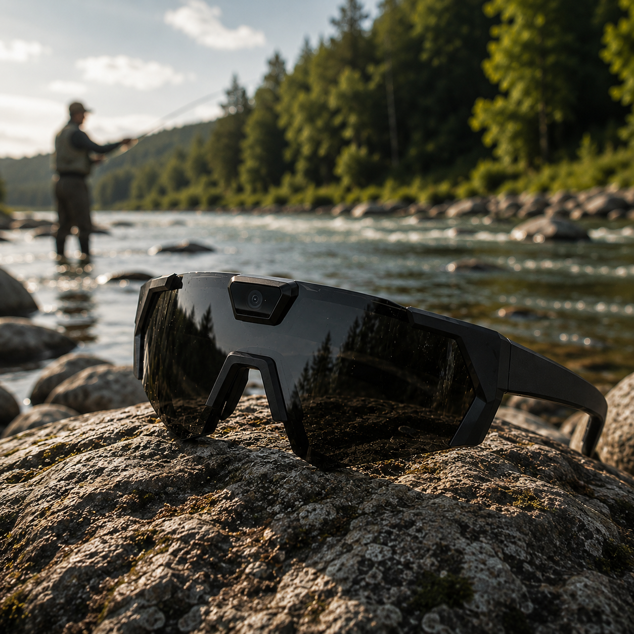 FishOn Vision PRO black fishing camera sunglasses on a rock near the water
