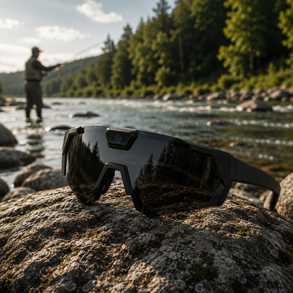 FishOn Vision PRO black fishing camera sunglasses on a rock near the water