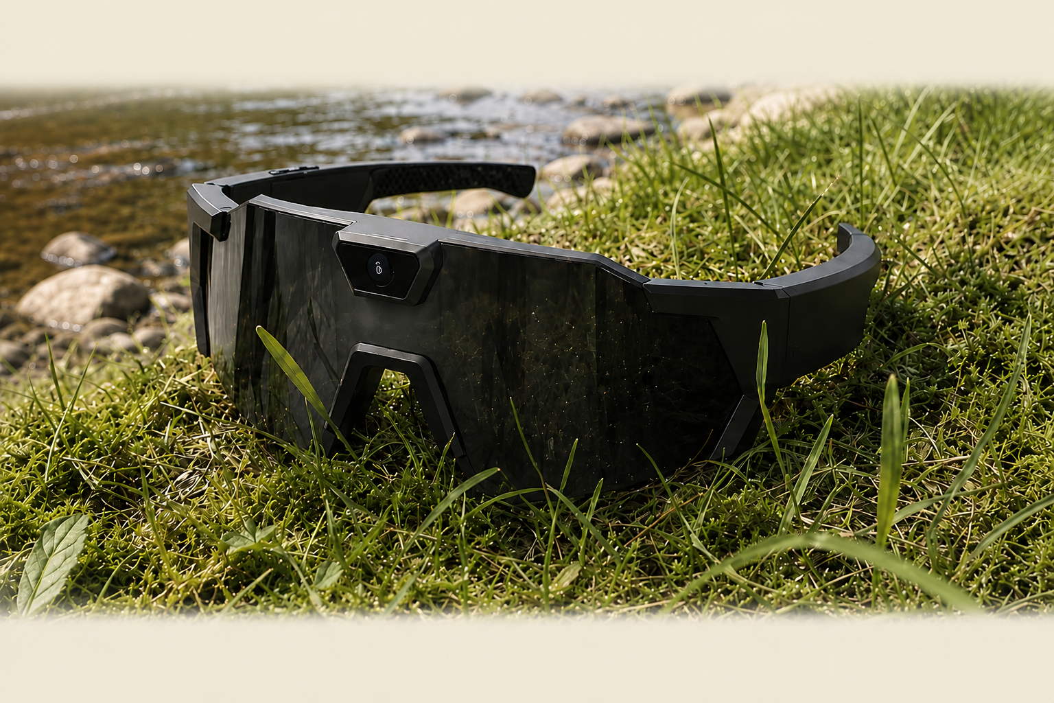 Black fishing camera sunglasses near the water with a blurred natural background