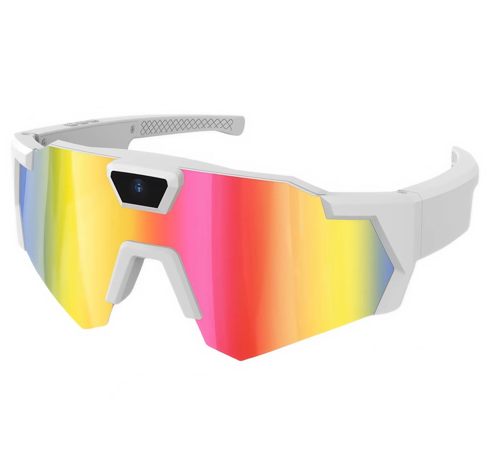 White frame fishing camera sunglasses with colorful mirrored lenses